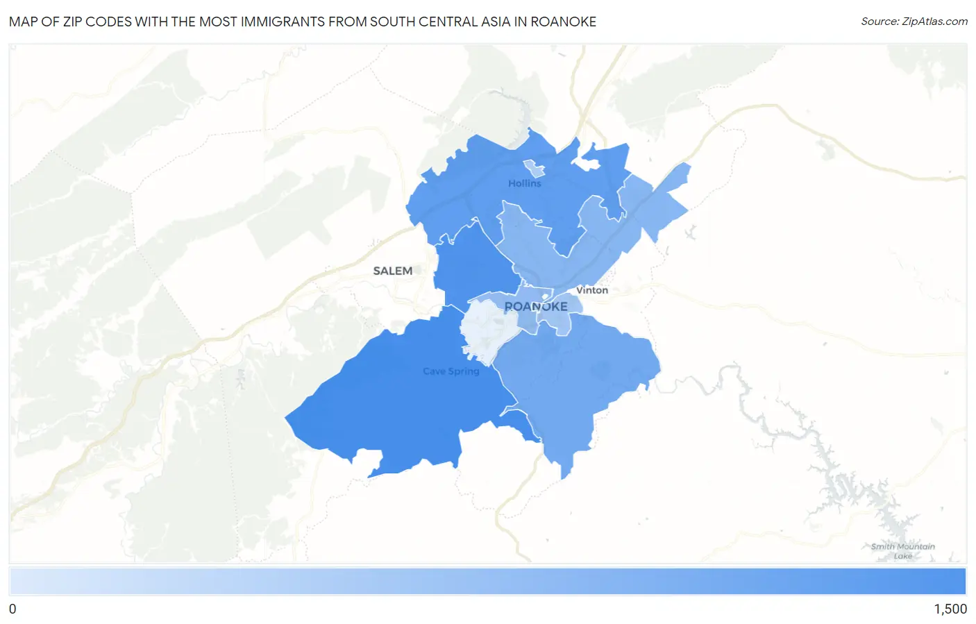 Zip Codes with the Most Immigrants from South Central Asia in Roanoke Map