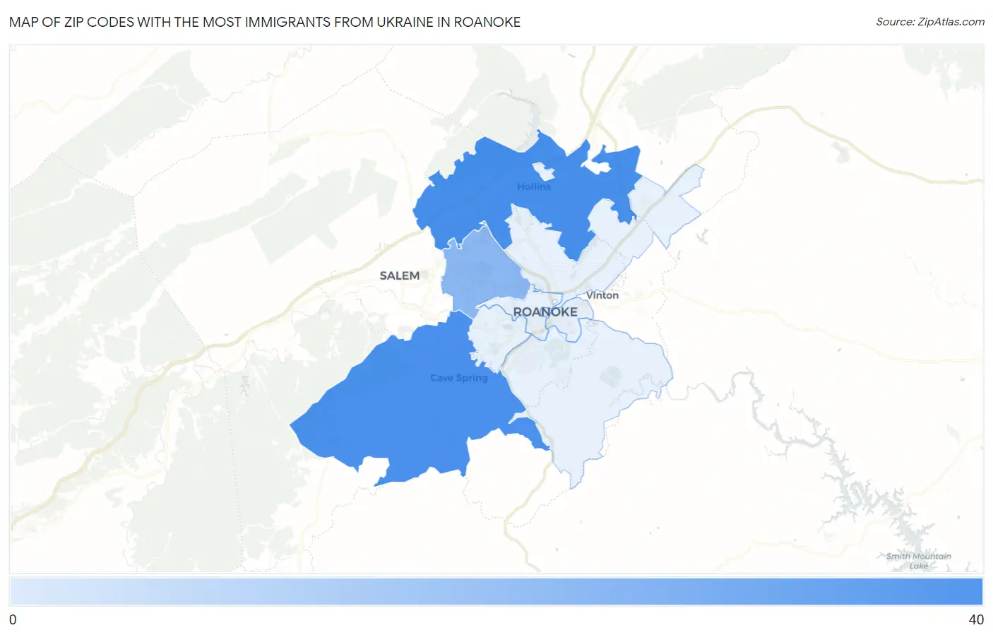 Zip Codes with the Most Immigrants from Ukraine in Roanoke Map