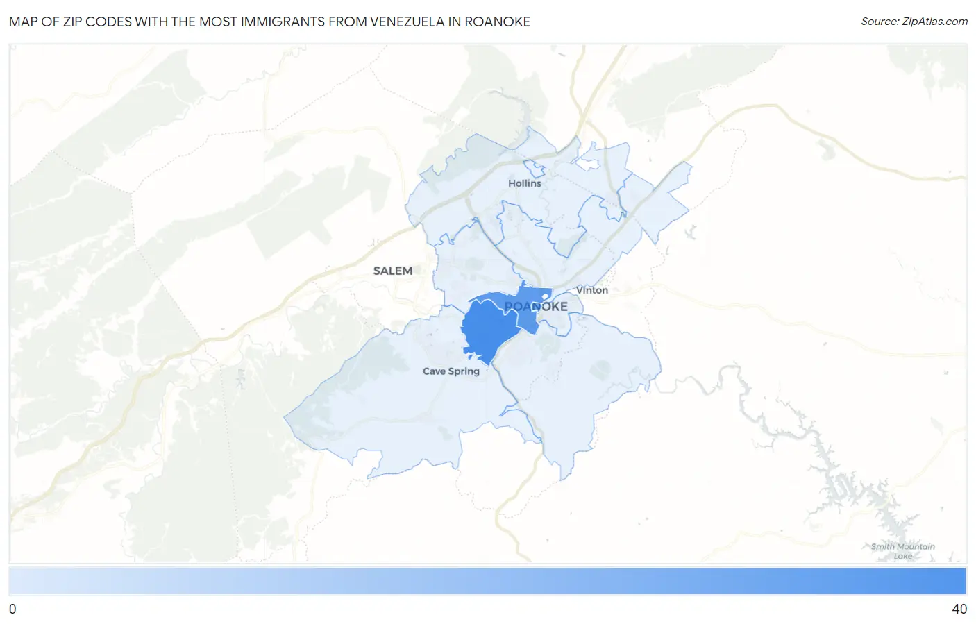Zip Codes with the Most Immigrants from Venezuela in Roanoke Map