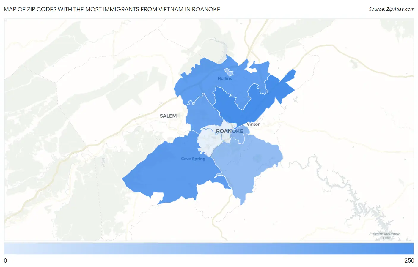 Zip Codes with the Most Immigrants from Vietnam in Roanoke Map