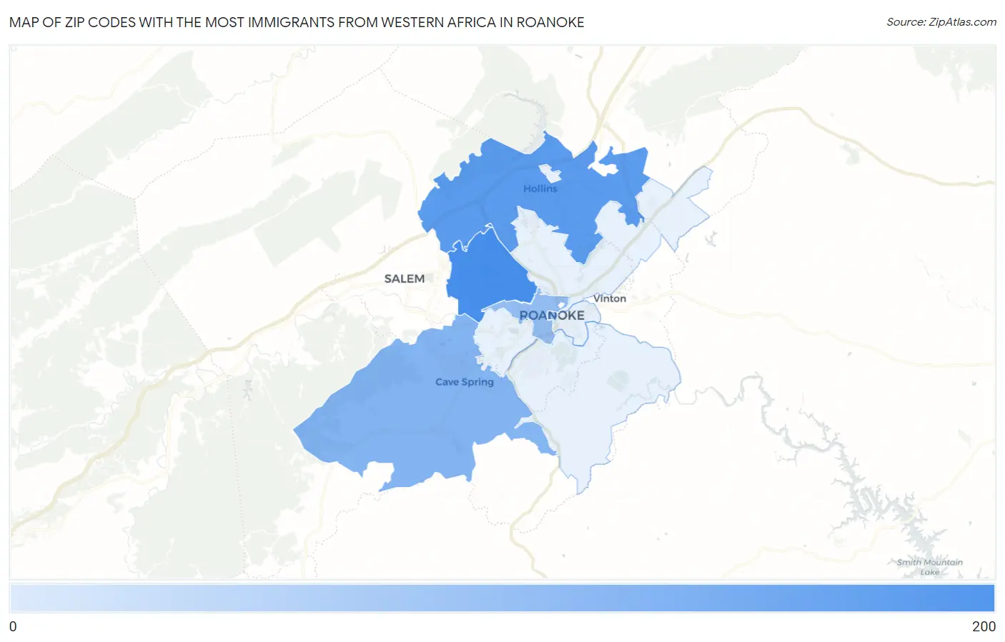 Zip Codes with the Most Immigrants from Western Africa in Roanoke Map