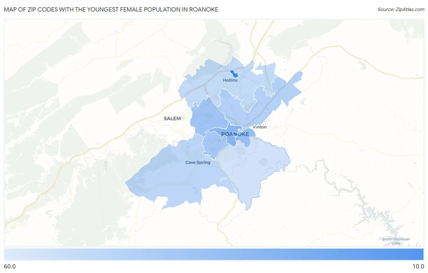 Zip Codes with the Youngest Female Population in Roanoke Map