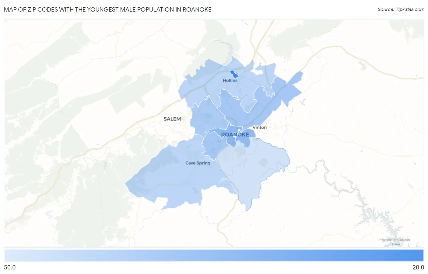 Zip Codes with the Youngest Male Population in Roanoke Map