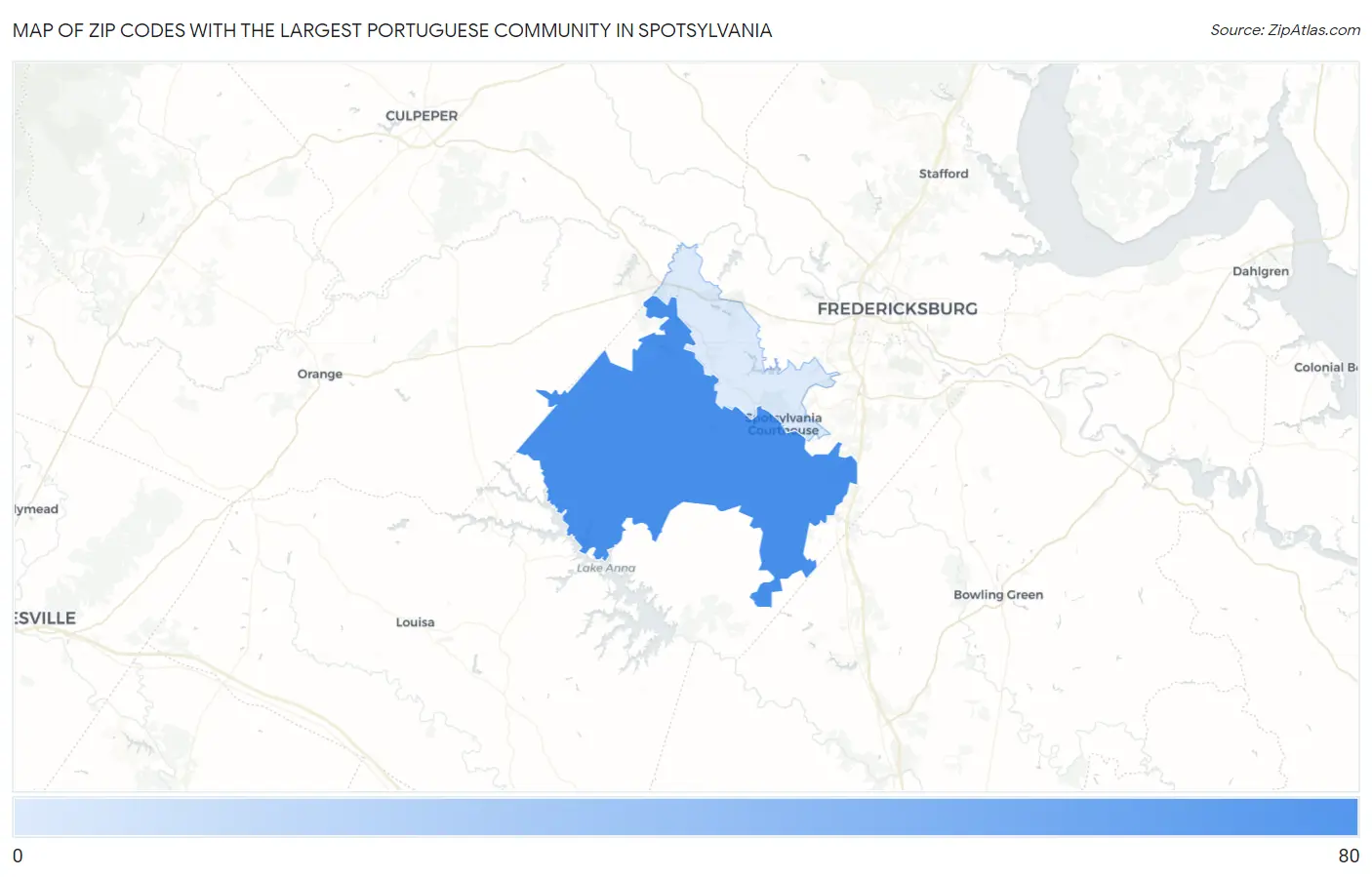 Zip Codes with the Largest Portuguese Community in Spotsylvania Map