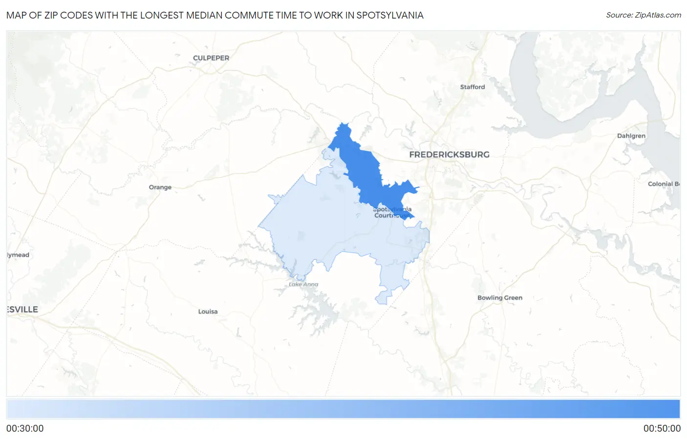 Zip Codes with the Longest Median Commute Time to Work in Spotsylvania Map