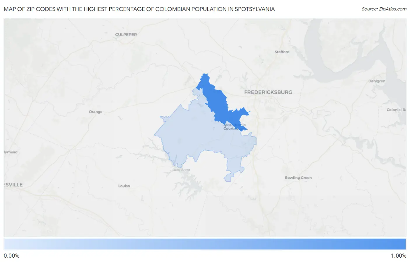 Zip Codes with the Highest Percentage of Colombian Population in Spotsylvania Map
