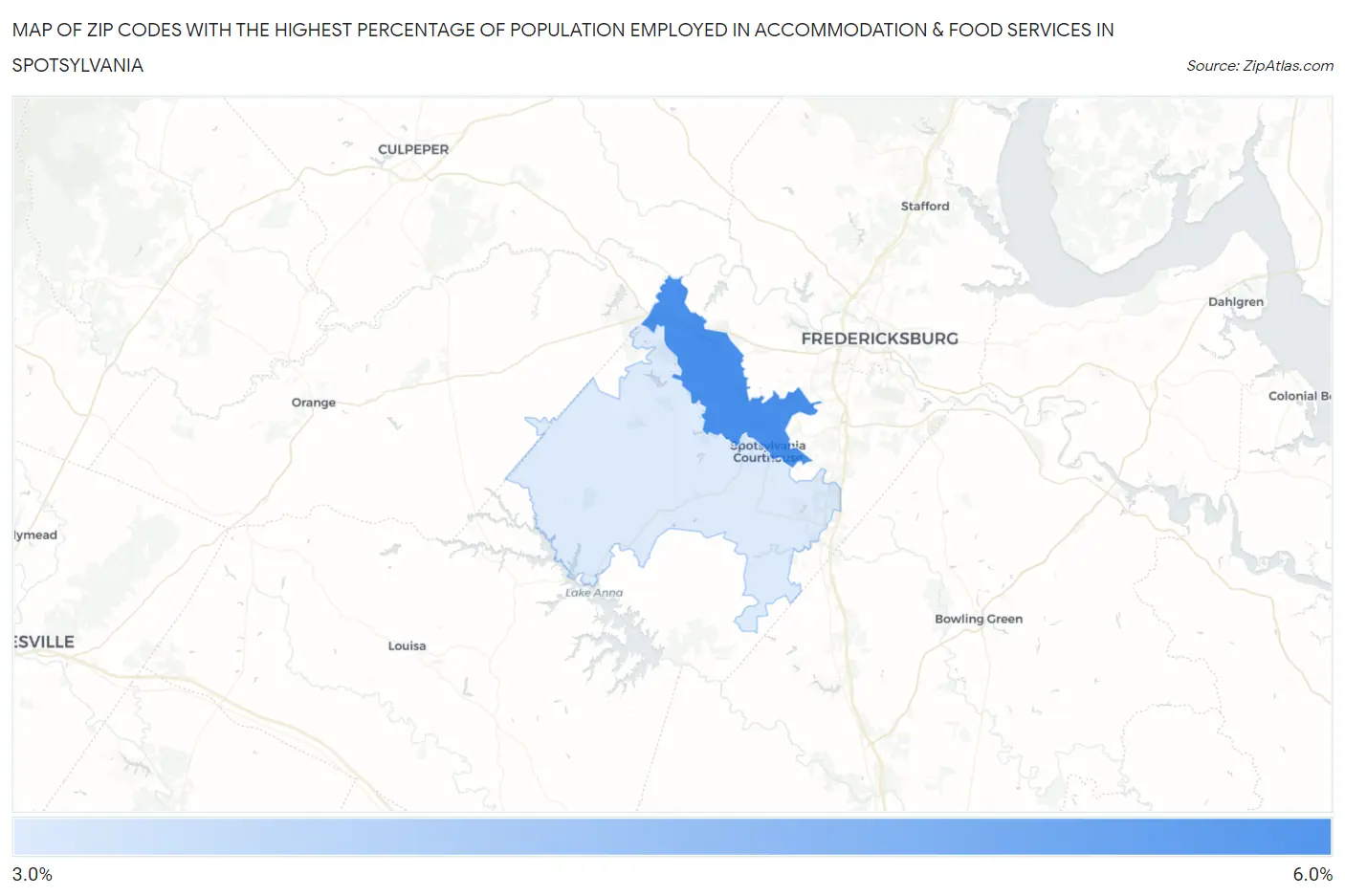 Zip Codes with the Highest Percentage of Population Employed in Accommodation & Food Services in Spotsylvania Map