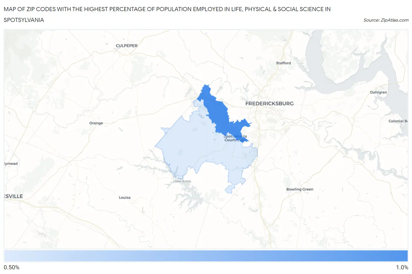 Zip Codes with the Highest Percentage of Population Employed in Life, Physical & Social Science in Spotsylvania Map