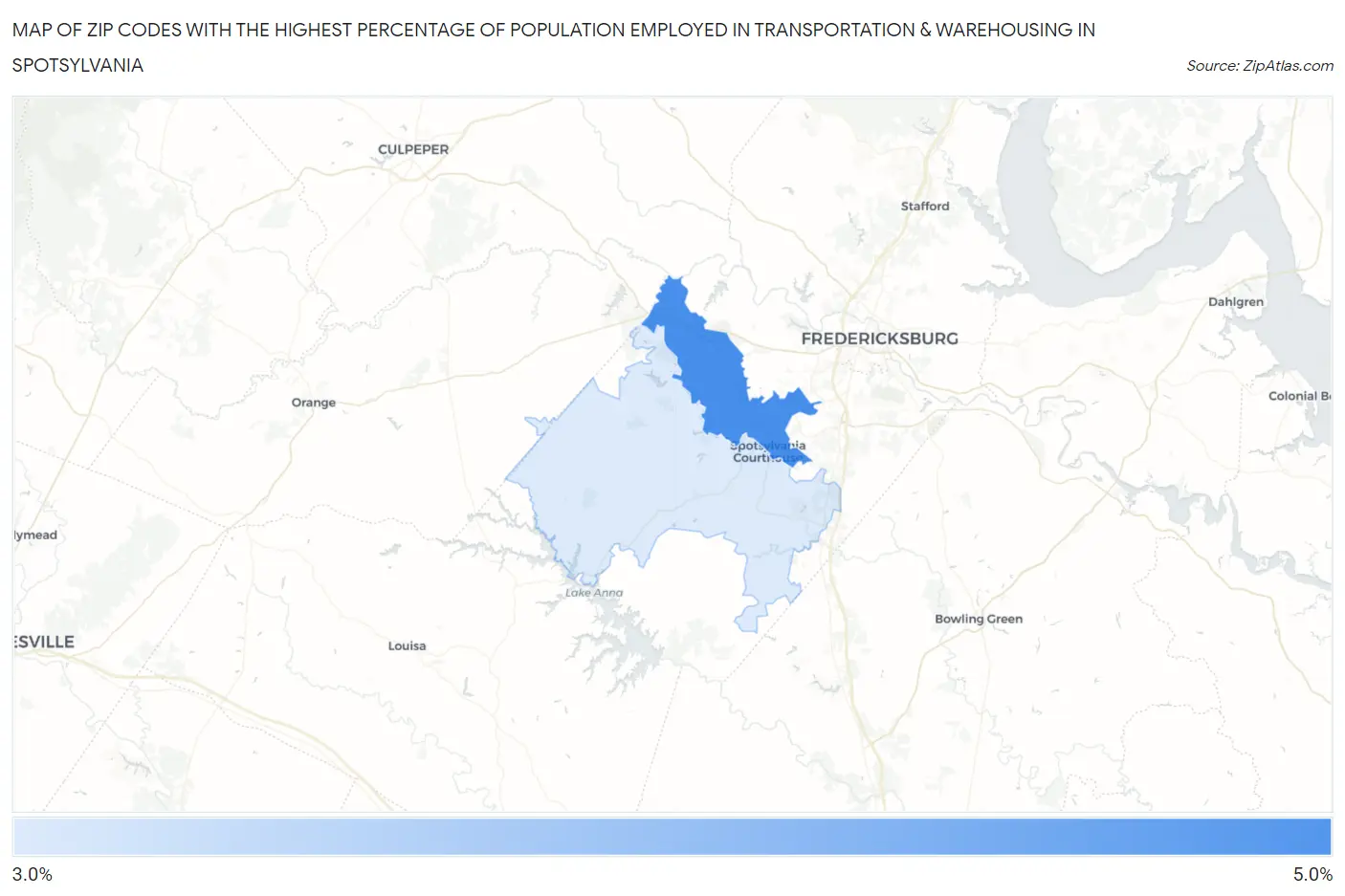 Zip Codes with the Highest Percentage of Population Employed in Transportation & Warehousing in Spotsylvania Map