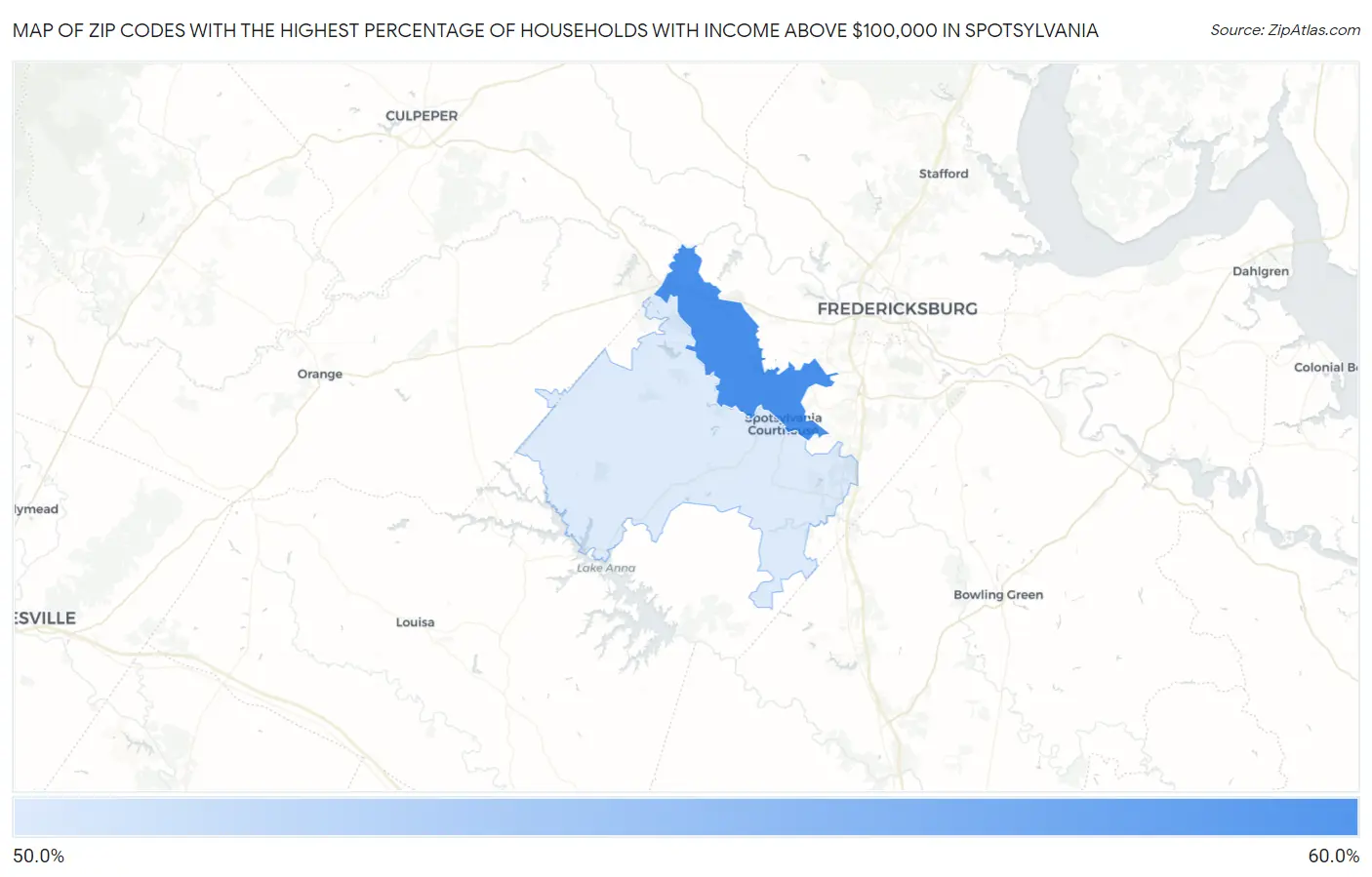 Zip Codes with the Highest Percentage of Households with Income Above $100,000 in Spotsylvania Map