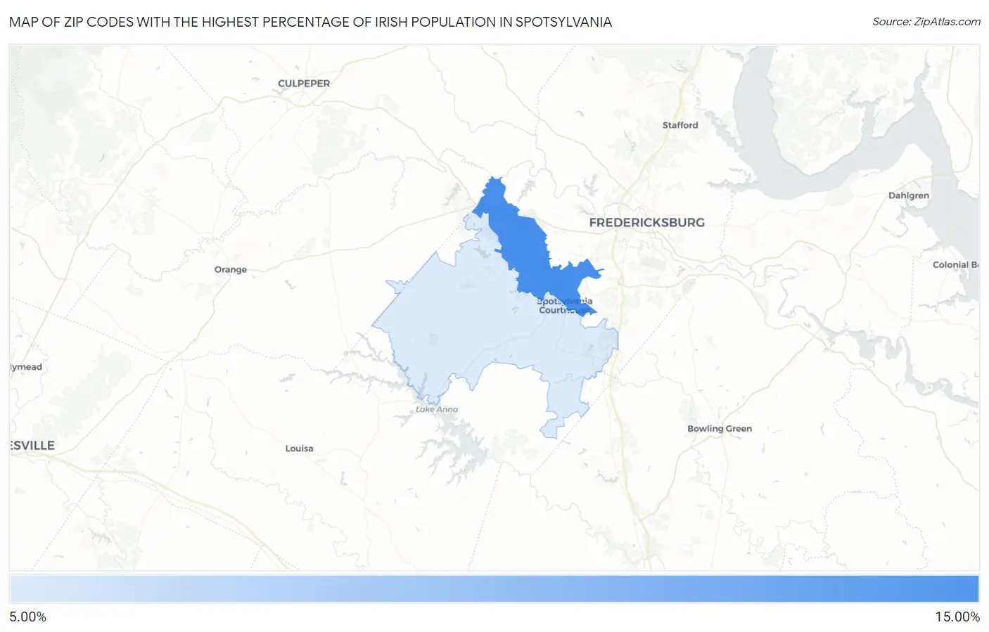 Zip Codes with the Highest Percentage of Irish Population in Spotsylvania Map