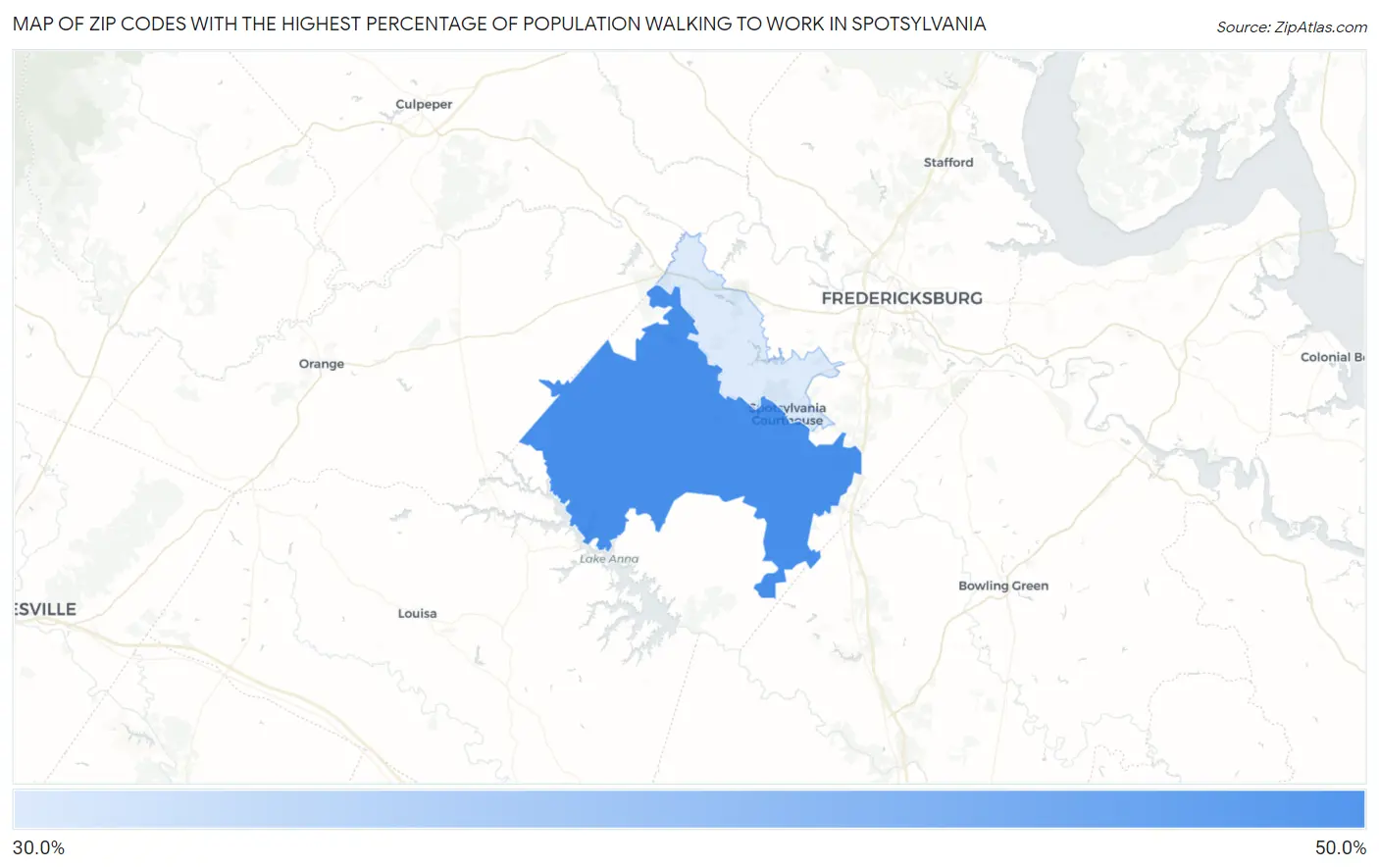 Zip Codes with the Highest Percentage of Population Walking to Work in Spotsylvania Map