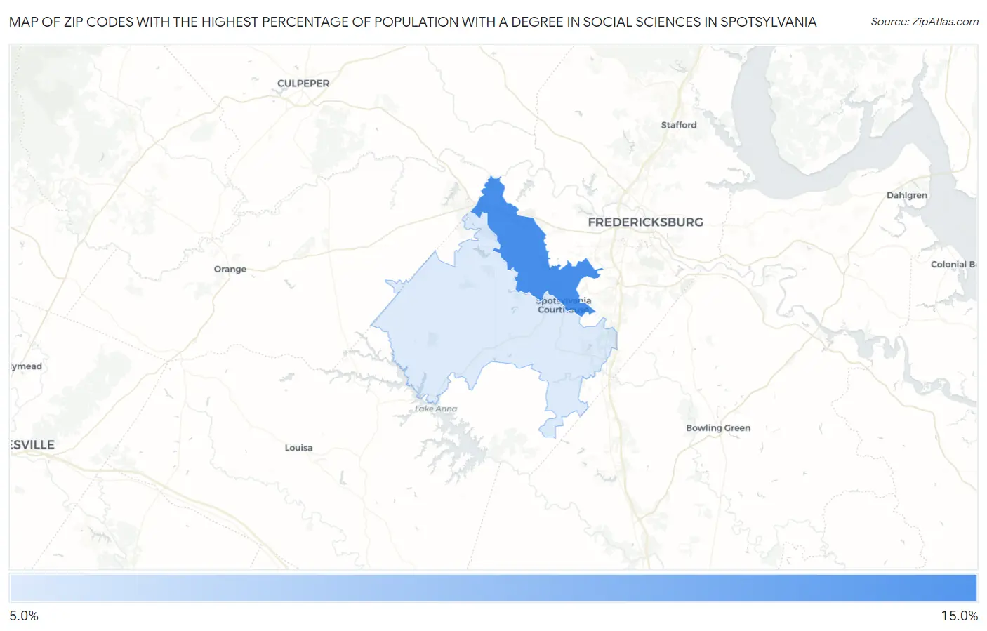 Zip Codes with the Highest Percentage of Population with a Degree in Social Sciences in Spotsylvania Map