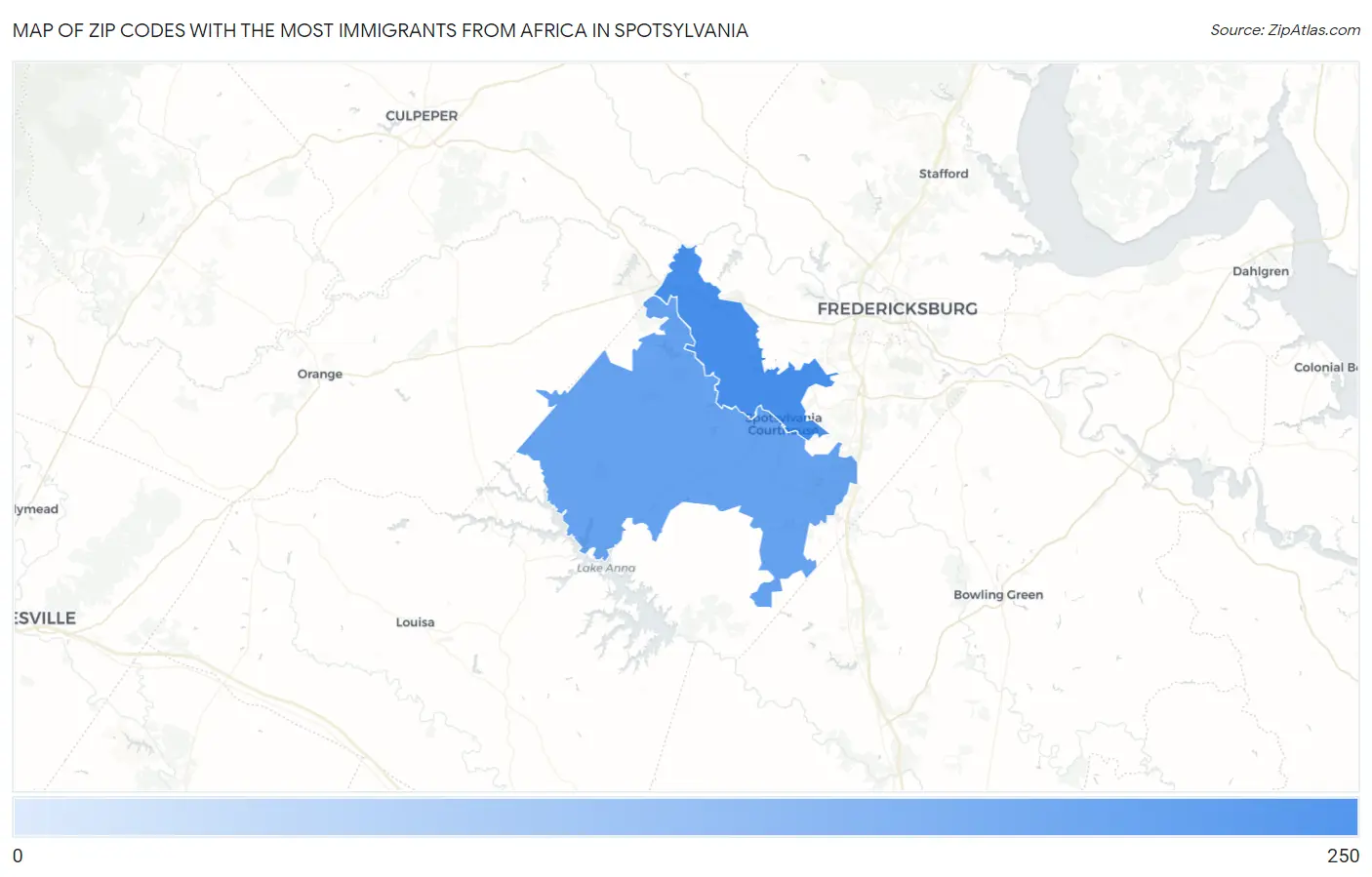 Zip Codes with the Most Immigrants from Africa in Spotsylvania Map