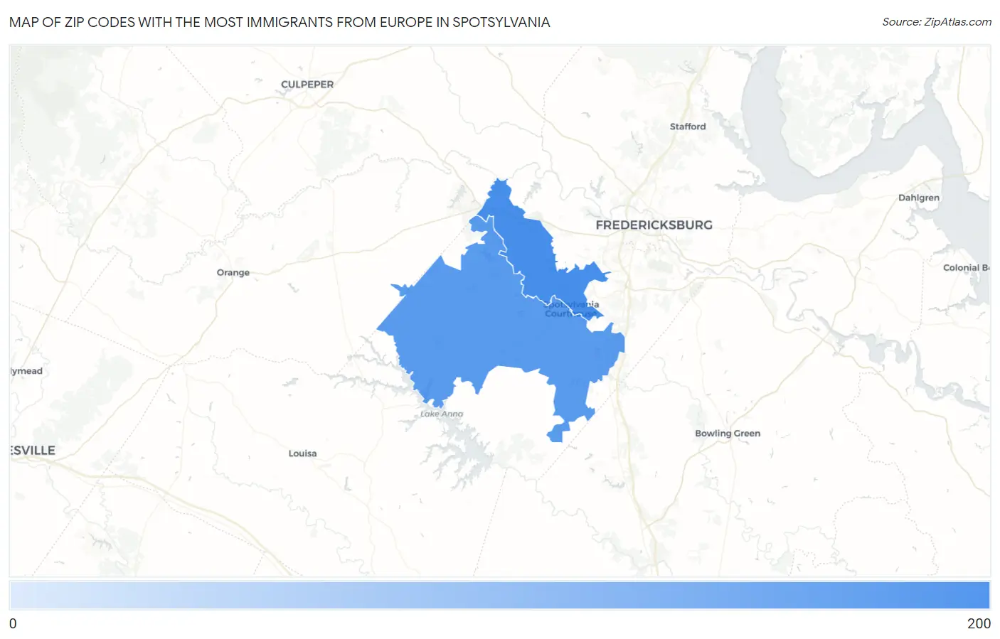 Zip Codes with the Most Immigrants from Europe in Spotsylvania Map