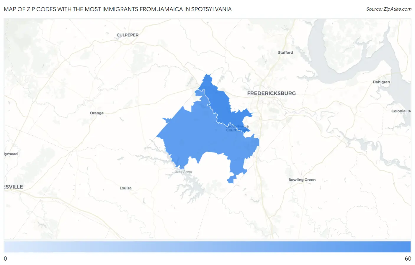 Zip Codes with the Most Immigrants from Jamaica in Spotsylvania Map