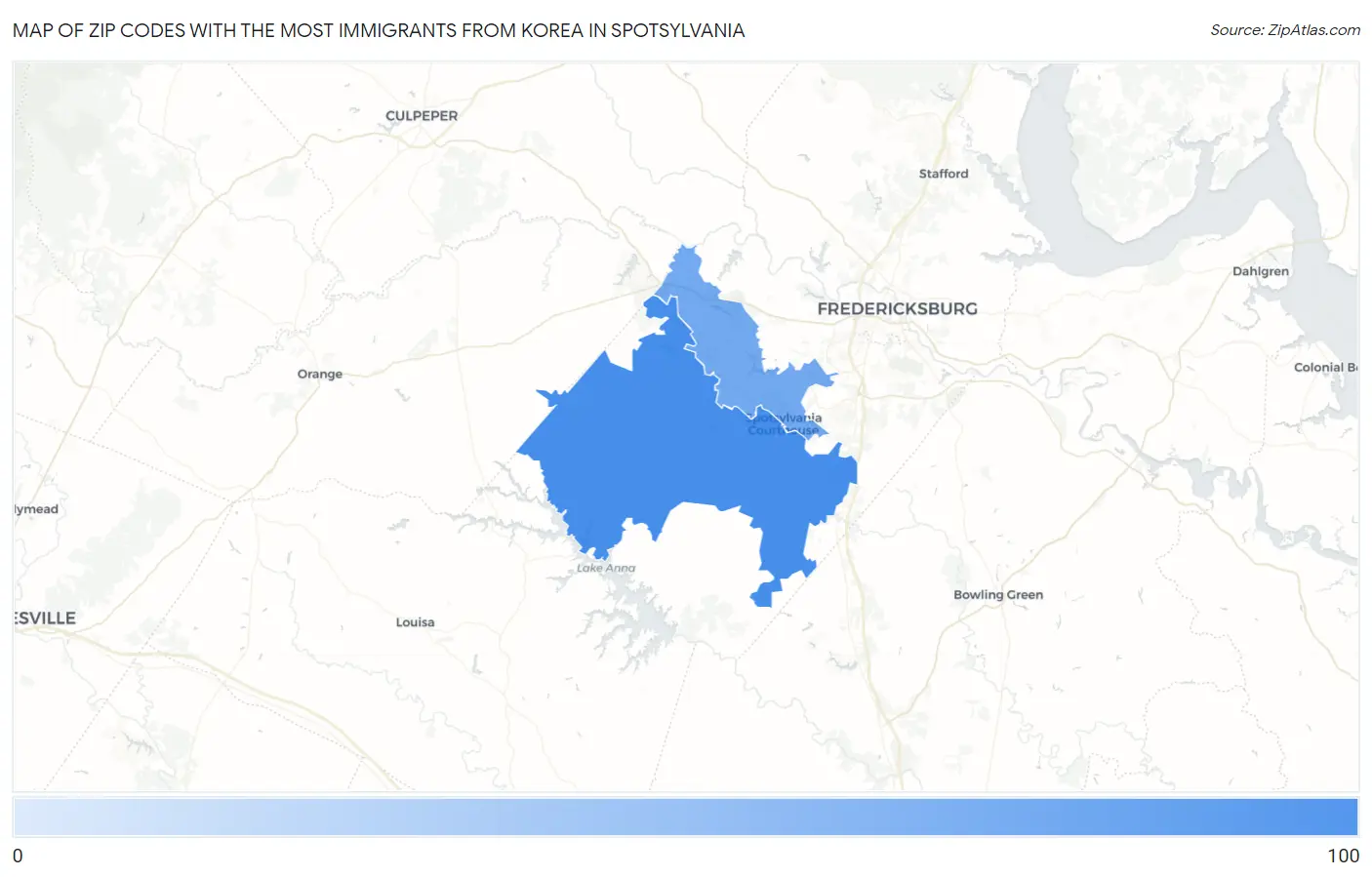 Zip Codes with the Most Immigrants from Korea in Spotsylvania Map