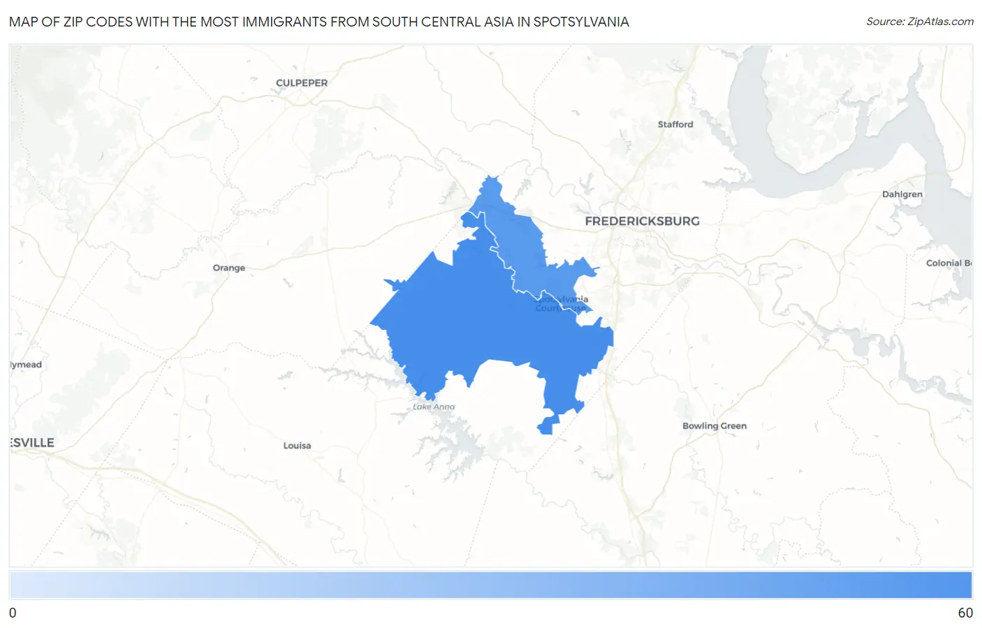 Zip Codes with the Most Immigrants from South Central Asia in Spotsylvania Map