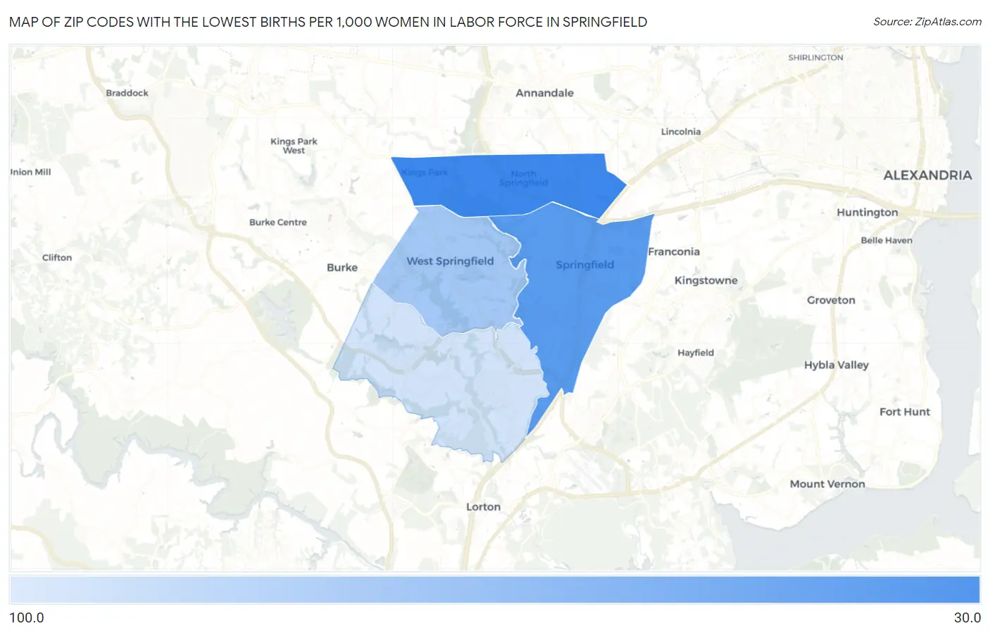 Zip Codes with the Lowest Births per 1,000 Women in Labor Force in Springfield Map