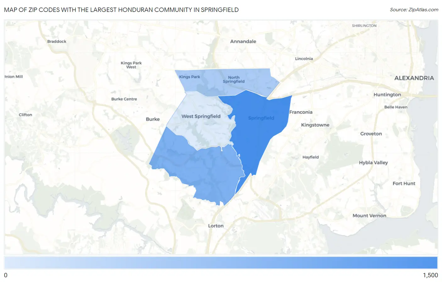 Zip Codes with the Largest Honduran Community in Springfield Map