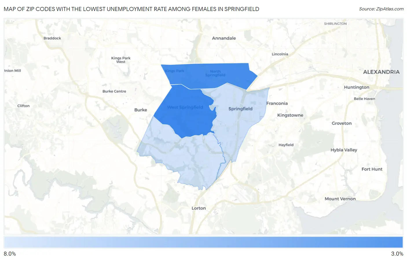 Zip Codes with the Lowest Unemployment Rate Among Females in Springfield Map