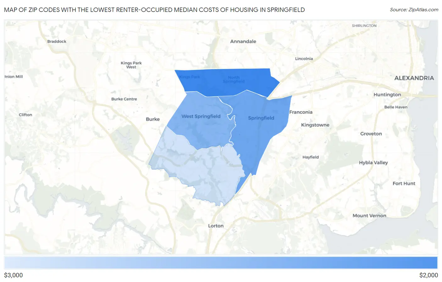 Zip Codes with the Lowest Renter-Occupied Median Costs of Housing in Springfield Map