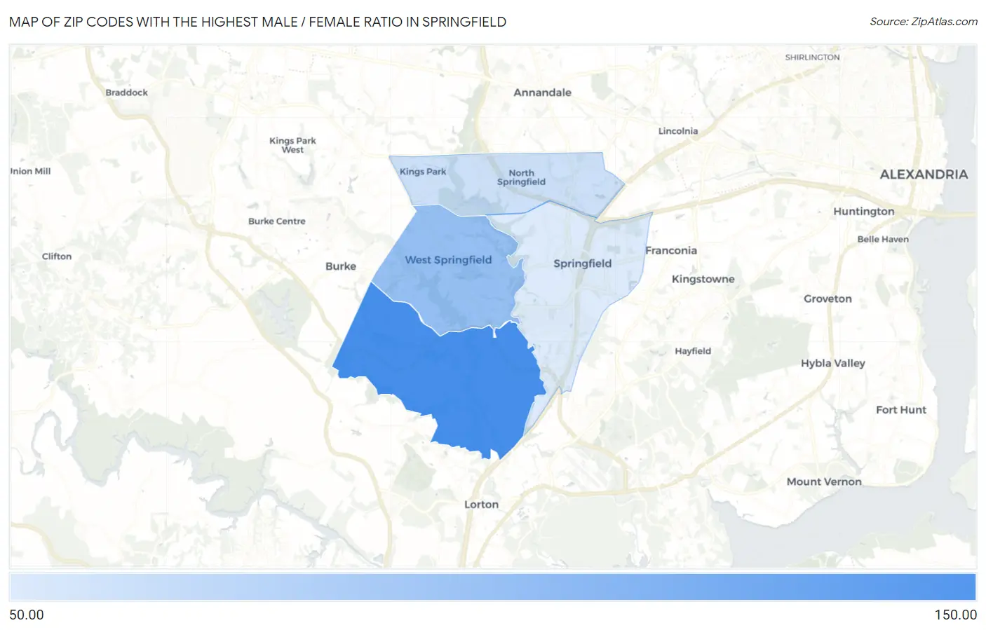 Zip Codes with the Highest Male / Female Ratio in Springfield Map