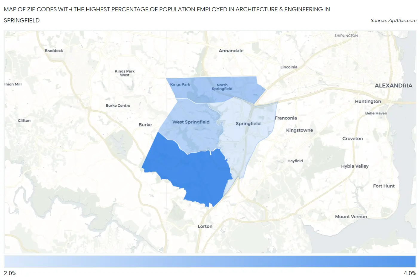Zip Codes with the Highest Percentage of Population Employed in Architecture & Engineering in Springfield Map