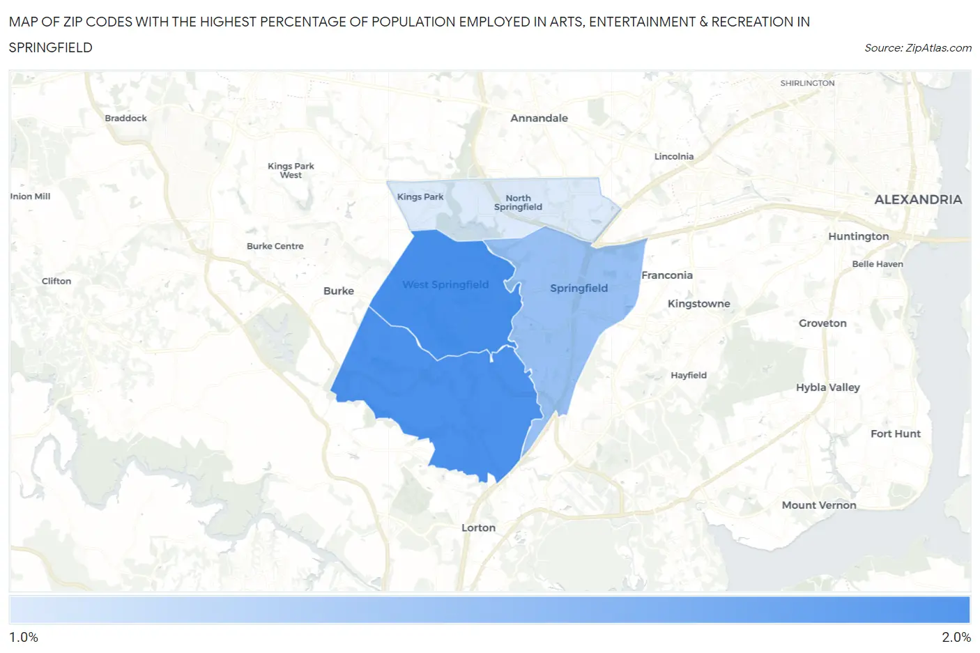 Zip Codes with the Highest Percentage of Population Employed in Arts, Entertainment & Recreation in Springfield Map