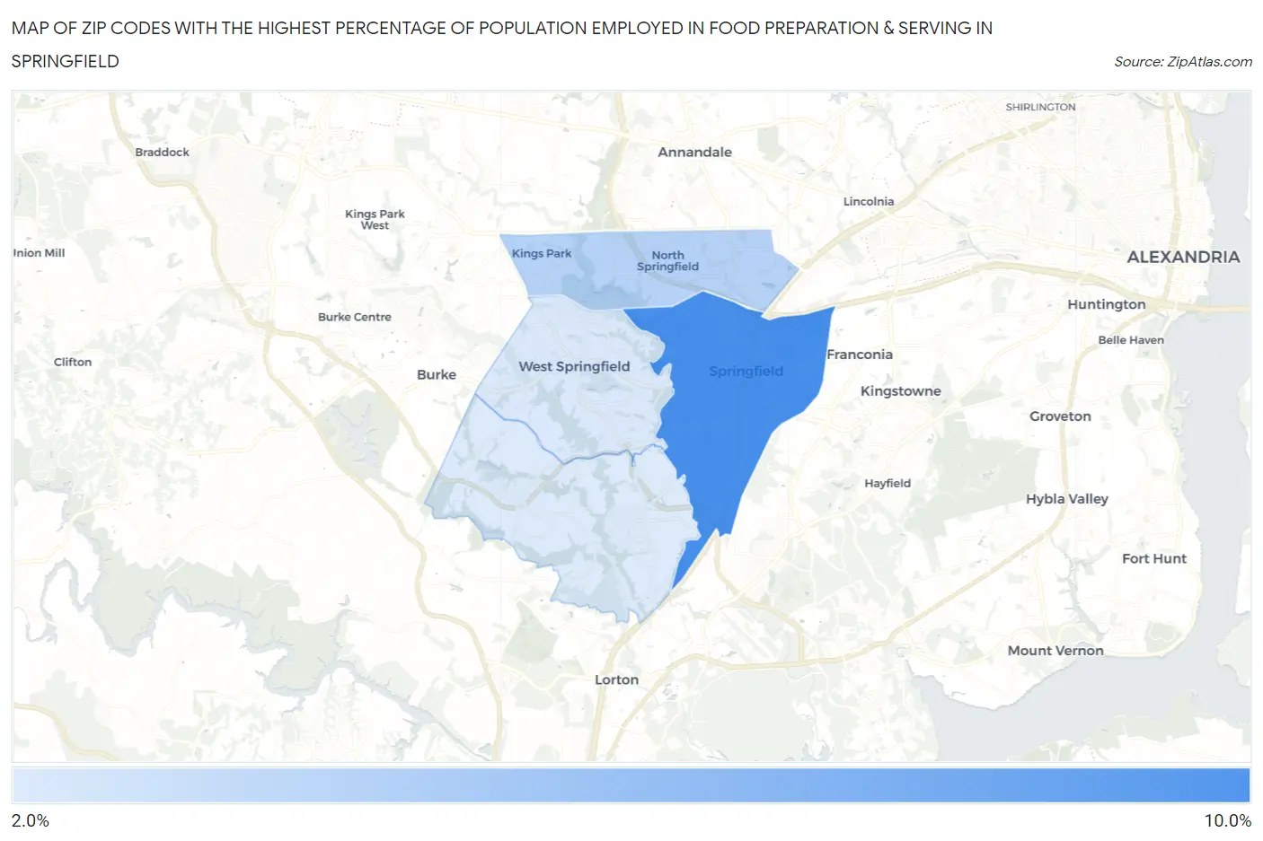 Zip Codes with the Highest Percentage of Population Employed in Food Preparation & Serving in Springfield Map