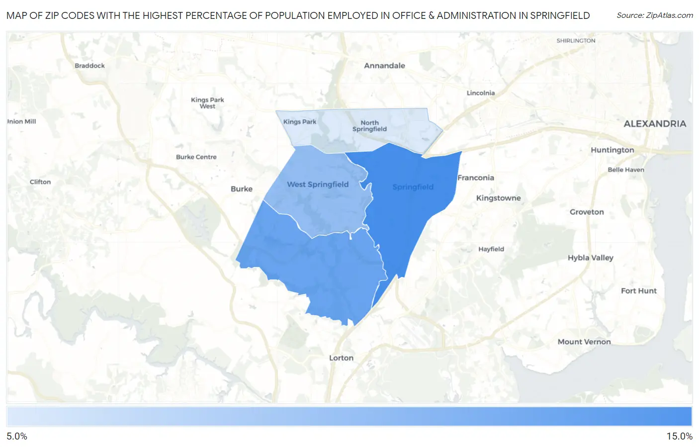Zip Codes with the Highest Percentage of Population Employed in Office & Administration in Springfield Map