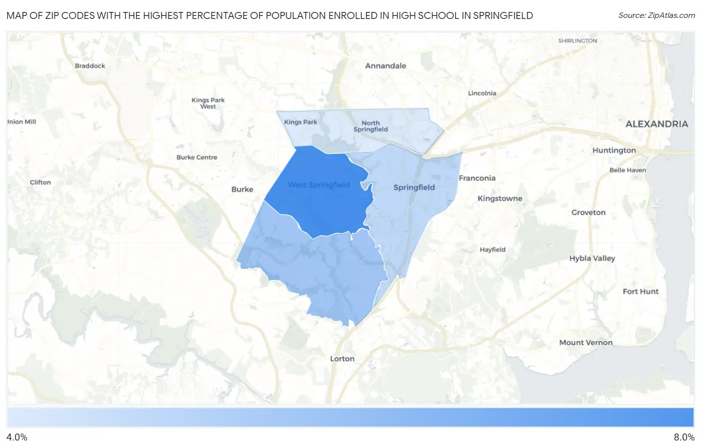 Zip Codes with the Highest Percentage of Population Enrolled in High School in Springfield Map