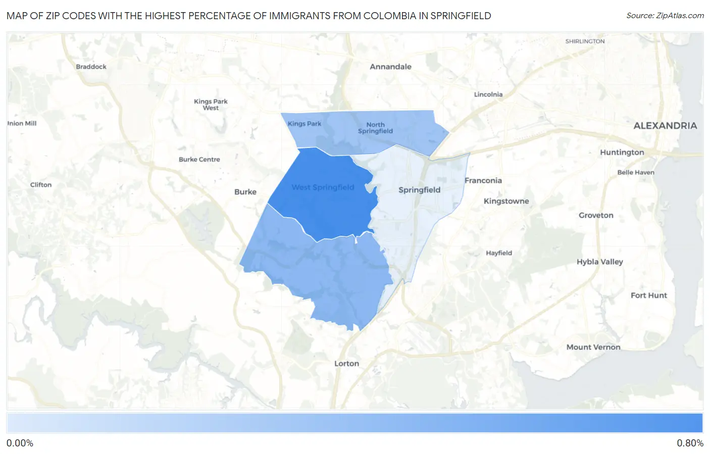 Zip Codes with the Highest Percentage of Immigrants from Colombia in Springfield Map
