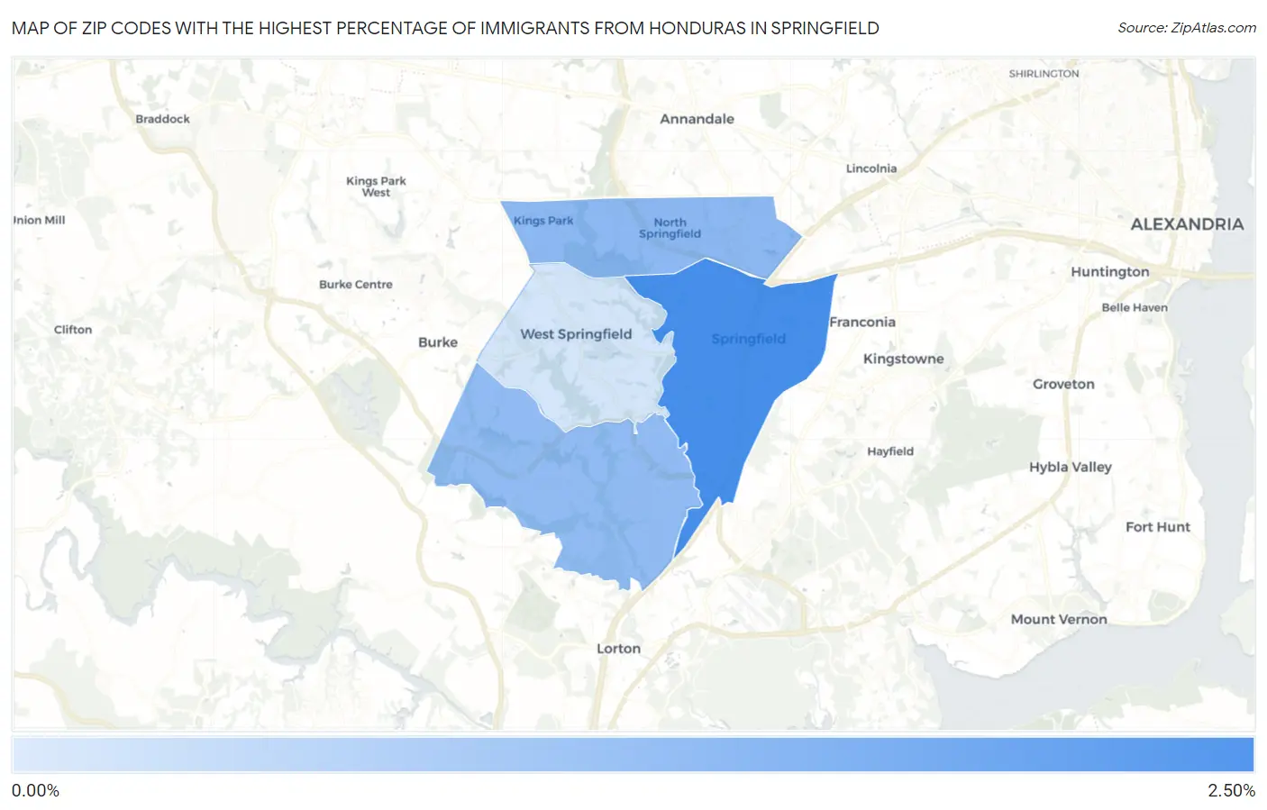 Zip Codes with the Highest Percentage of Immigrants from Honduras in Springfield Map