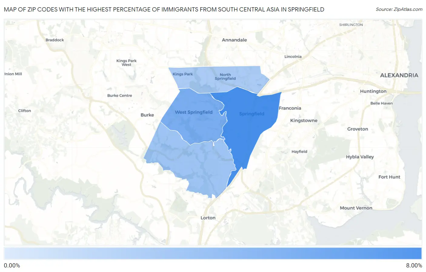 Zip Codes with the Highest Percentage of Immigrants from South Central Asia in Springfield Map