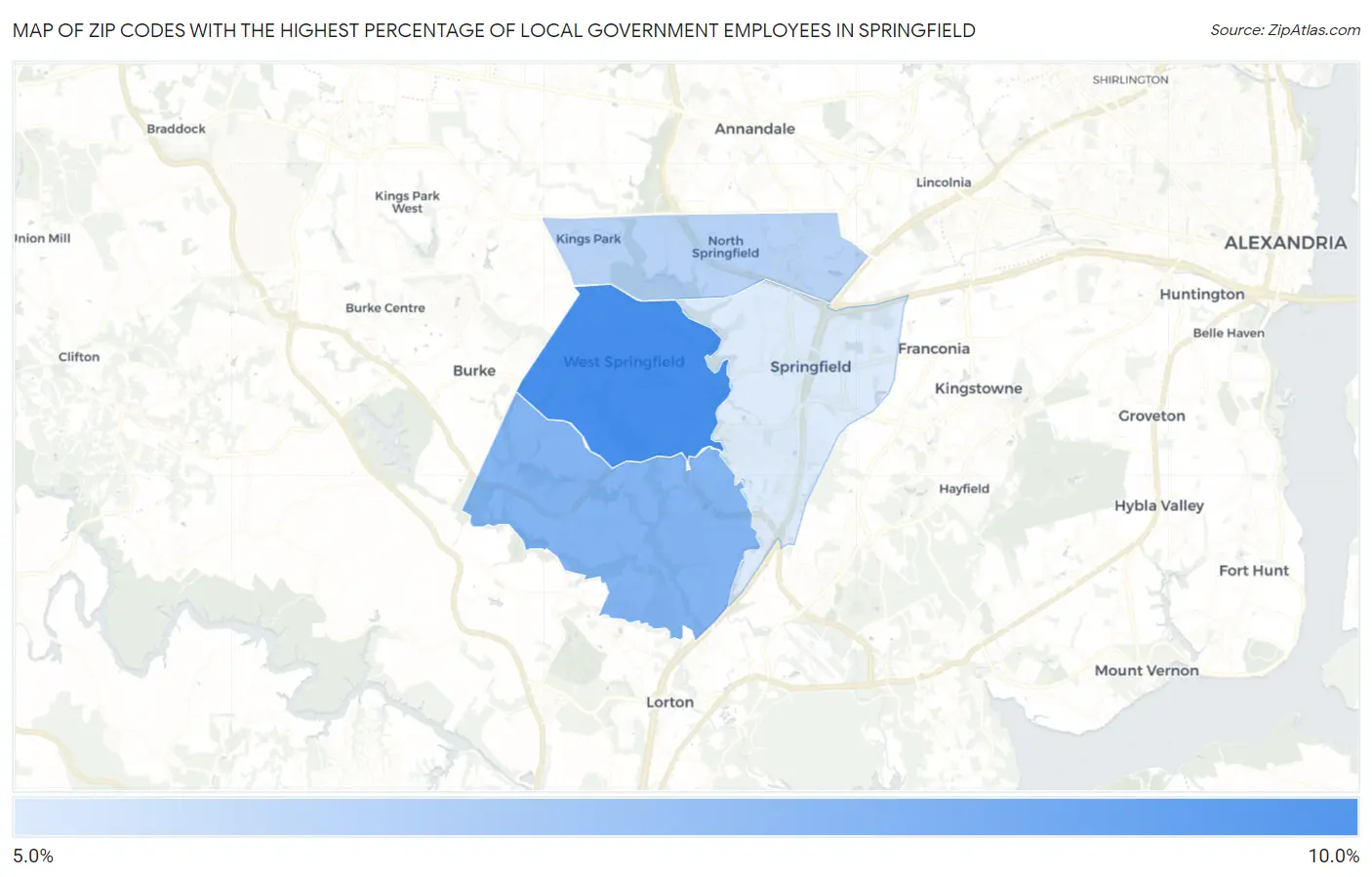 Zip Codes with the Highest Percentage of Local Government Employees in Springfield Map
