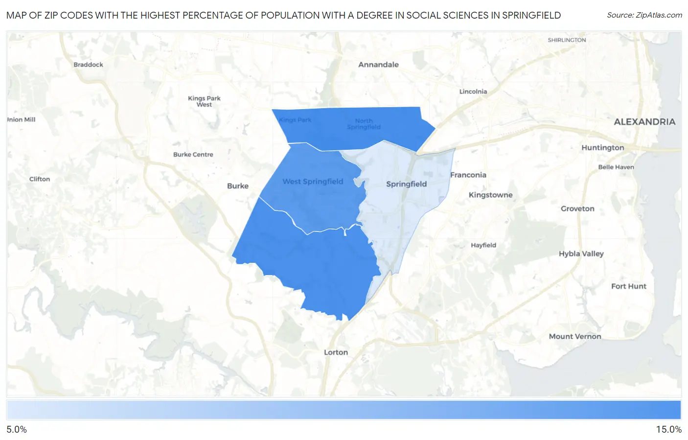 Zip Codes with the Highest Percentage of Population with a Degree in Social Sciences in Springfield Map