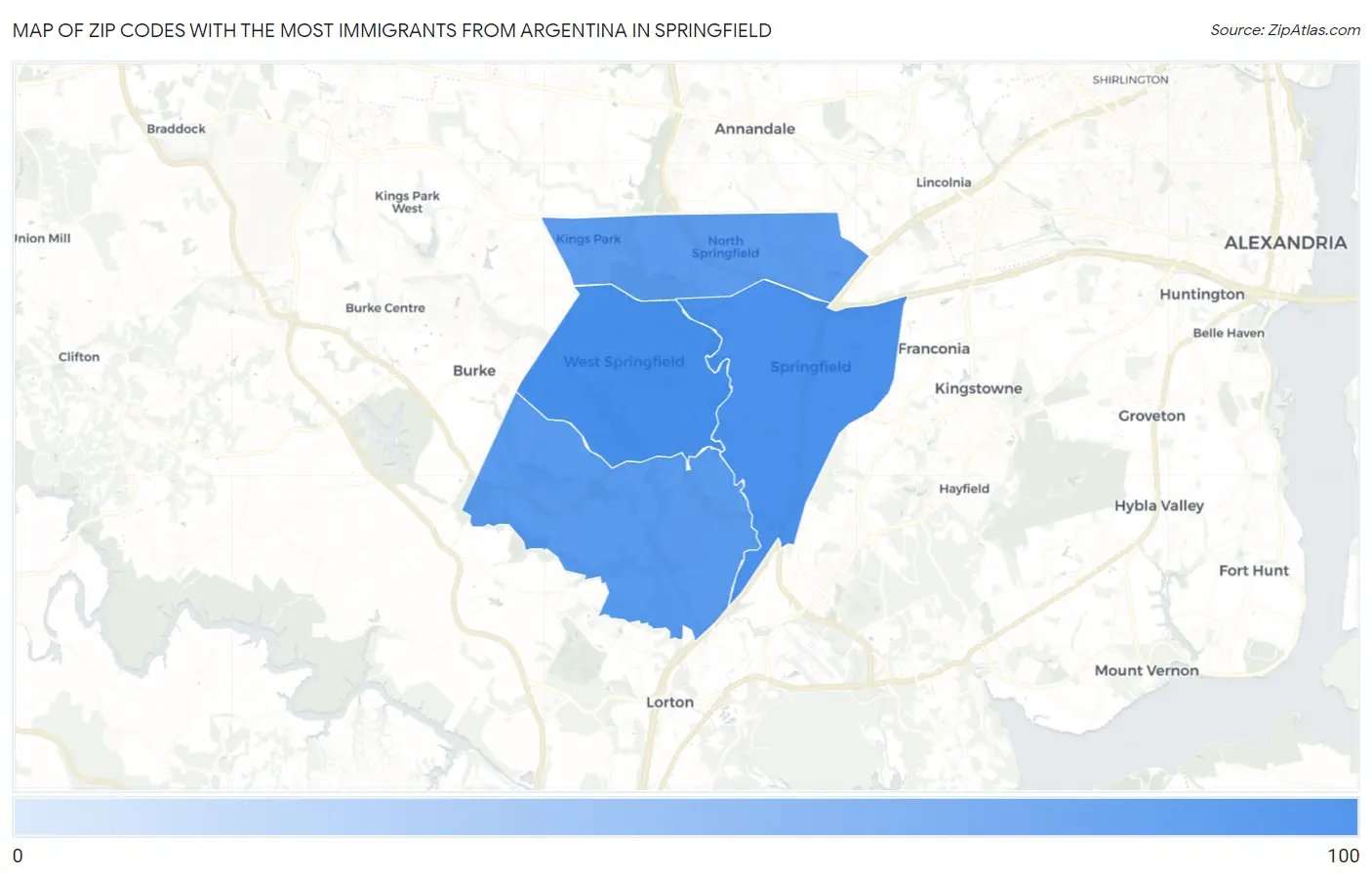 Zip Codes with the Most Immigrants from Argentina in Springfield Map