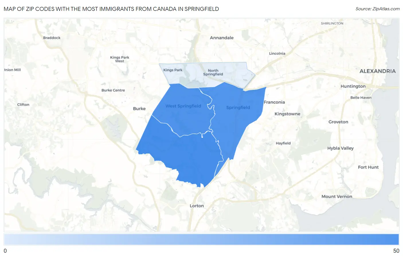 Zip Codes with the Most Immigrants from Canada in Springfield Map