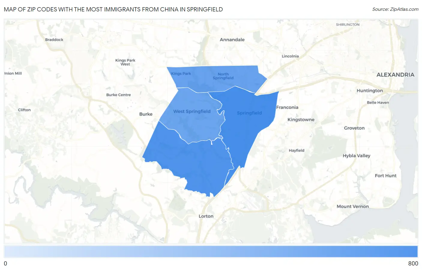 Zip Codes with the Most Immigrants from China in Springfield Map