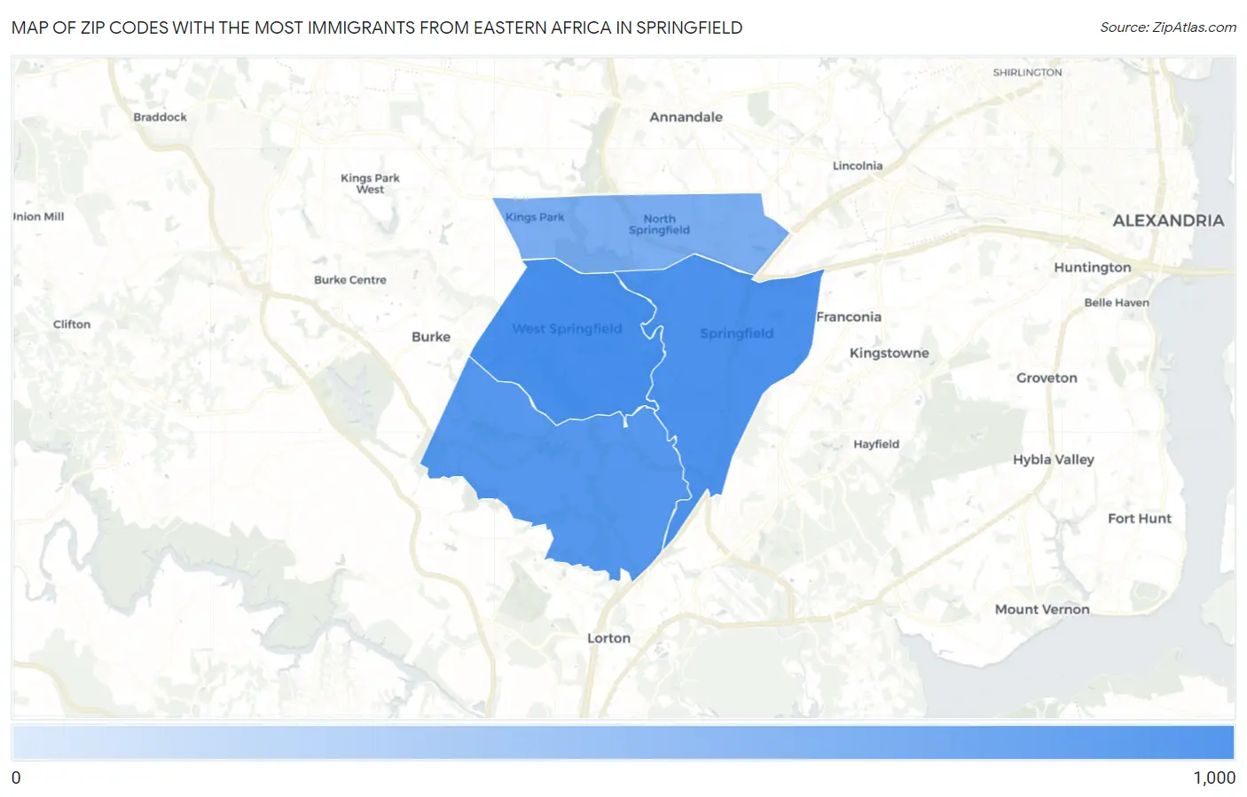 Zip Codes with the Most Immigrants from Eastern Africa in Springfield Map
