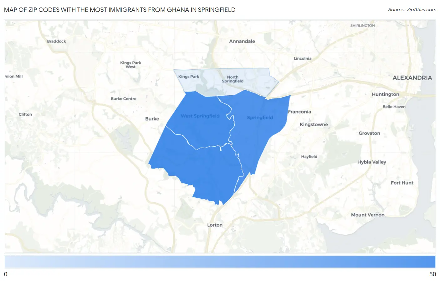 Zip Codes with the Most Immigrants from Ghana in Springfield Map