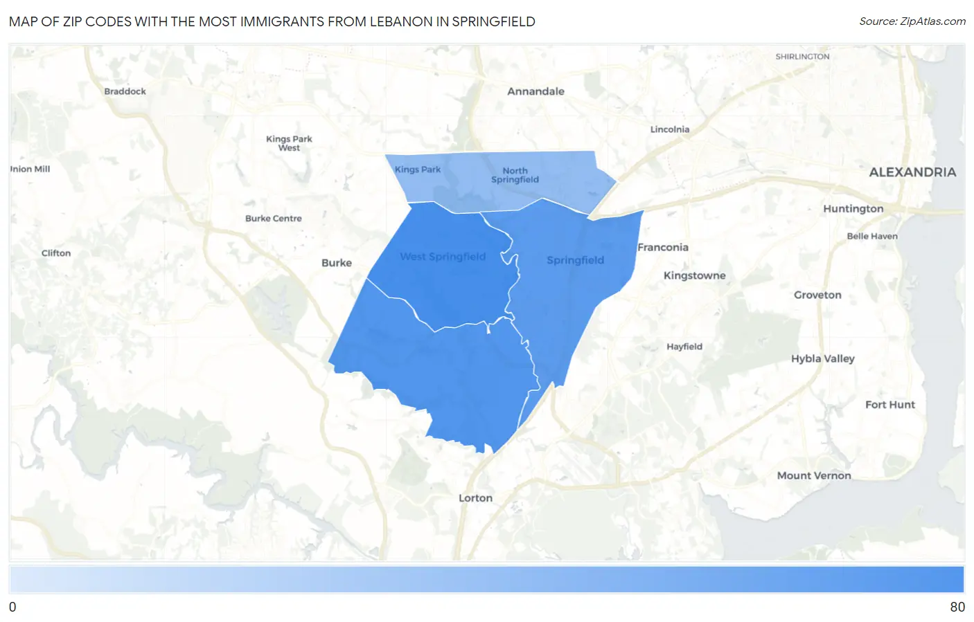 Zip Codes with the Most Immigrants from Lebanon in Springfield Map