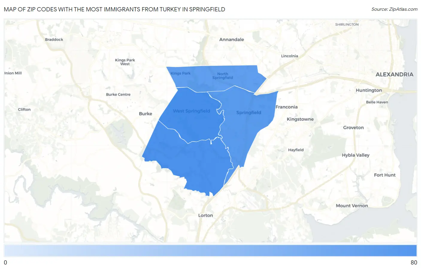 Zip Codes with the Most Immigrants from Turkey in Springfield Map