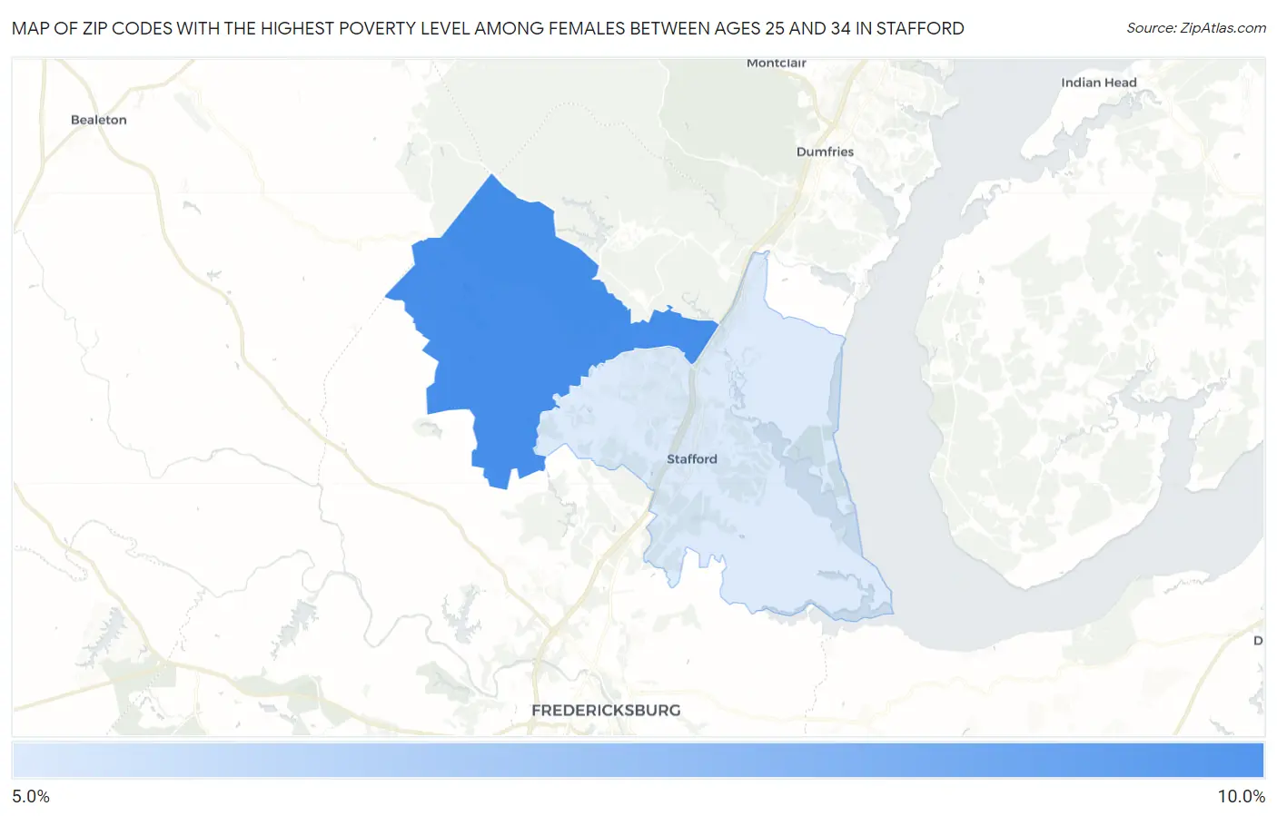 Zip Codes with the Highest Poverty Level Among Females Between Ages 25 and 34 in Stafford Map