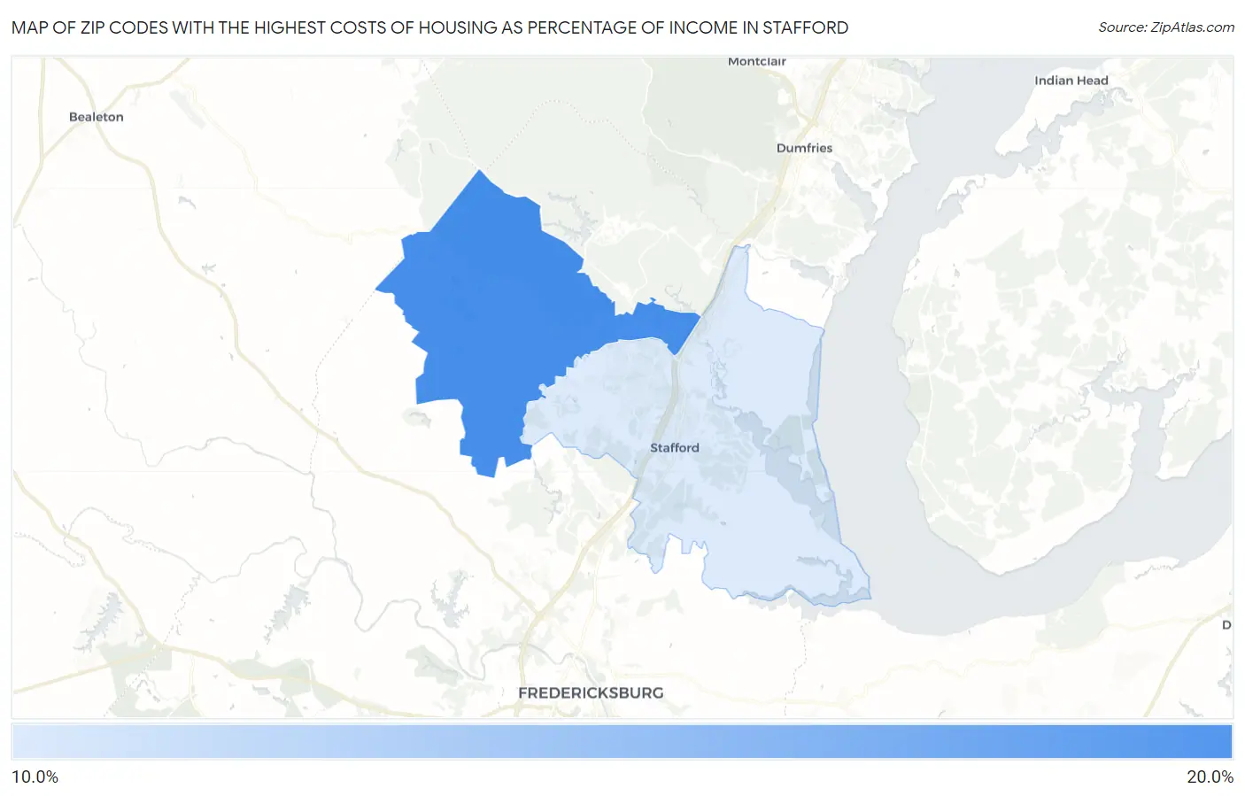 Zip Codes with the Highest Costs of Housing as Percentage of Income in Stafford Map