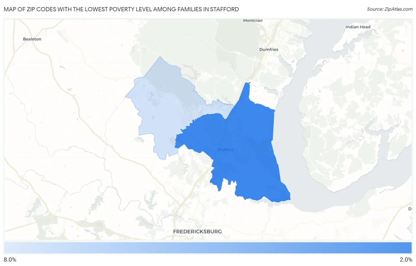 Zip Codes with the Lowest Poverty Level Among Families in Stafford Map
