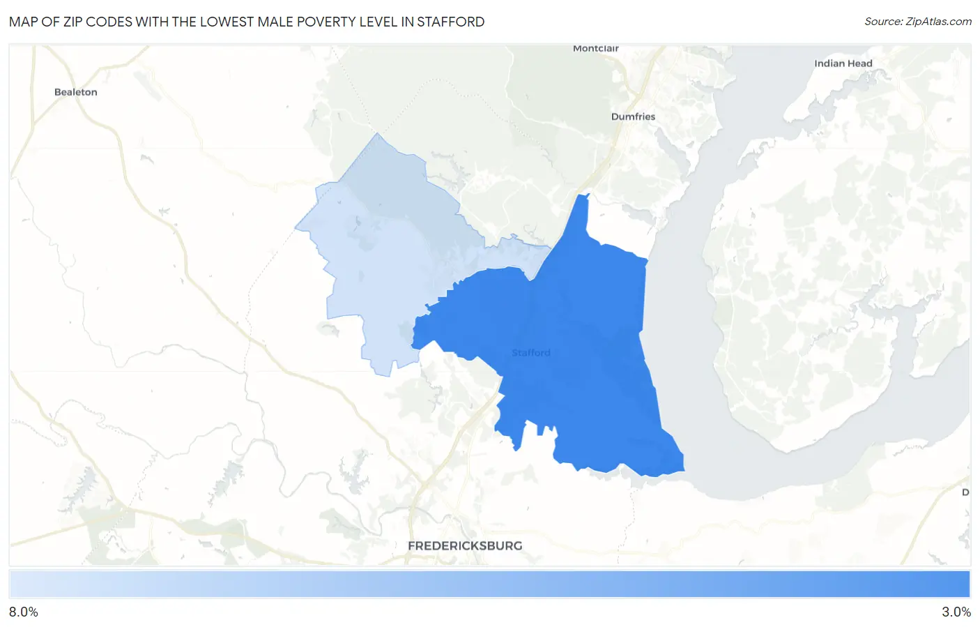 Zip Codes with the Lowest Male Poverty Level in Stafford Map