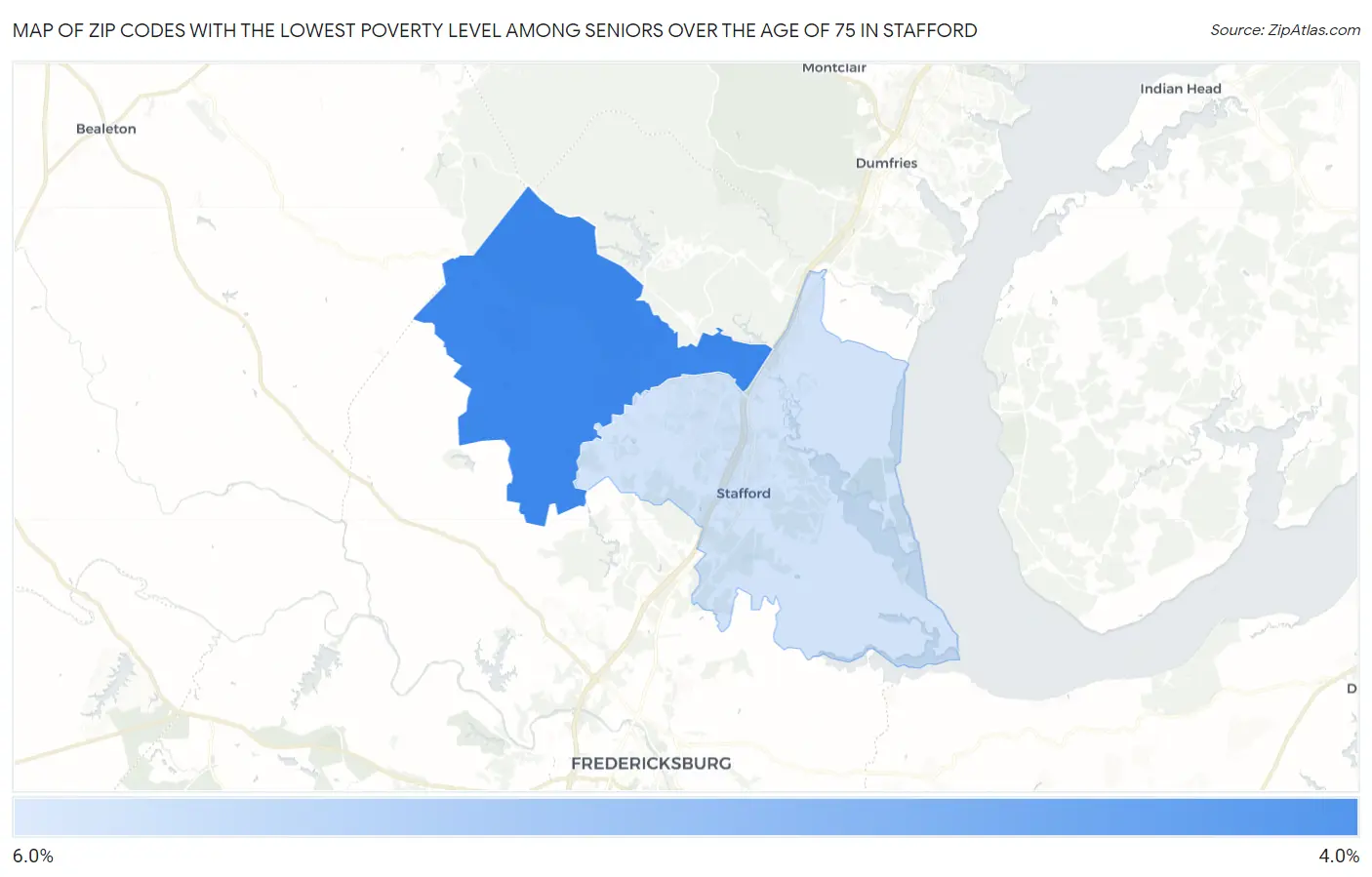 Zip Codes with the Lowest Poverty Level Among Seniors Over the Age of 75 in Stafford Map