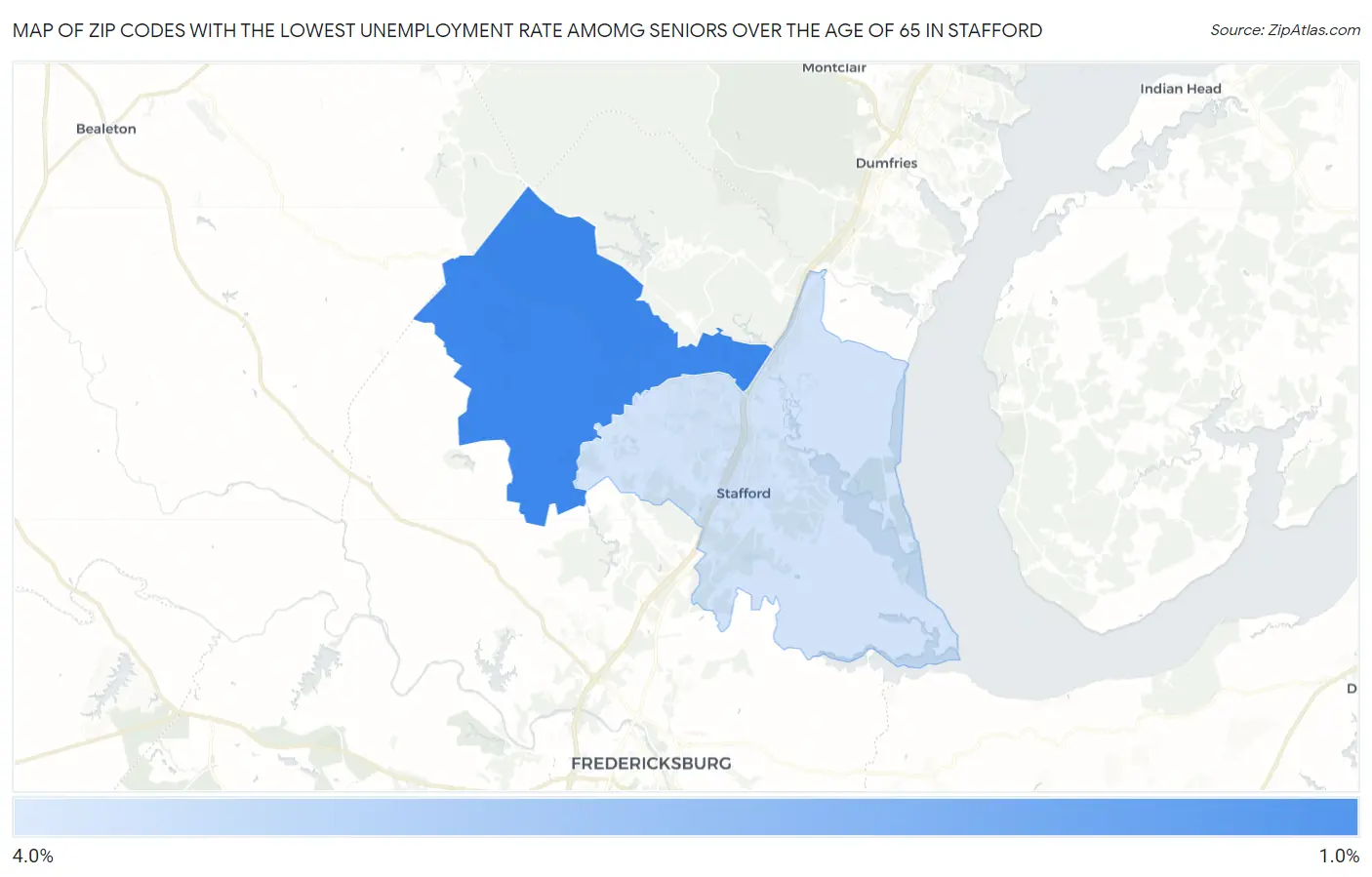 Zip Codes with the Lowest Unemployment Rate Amomg Seniors Over the Age of 65 in Stafford Map